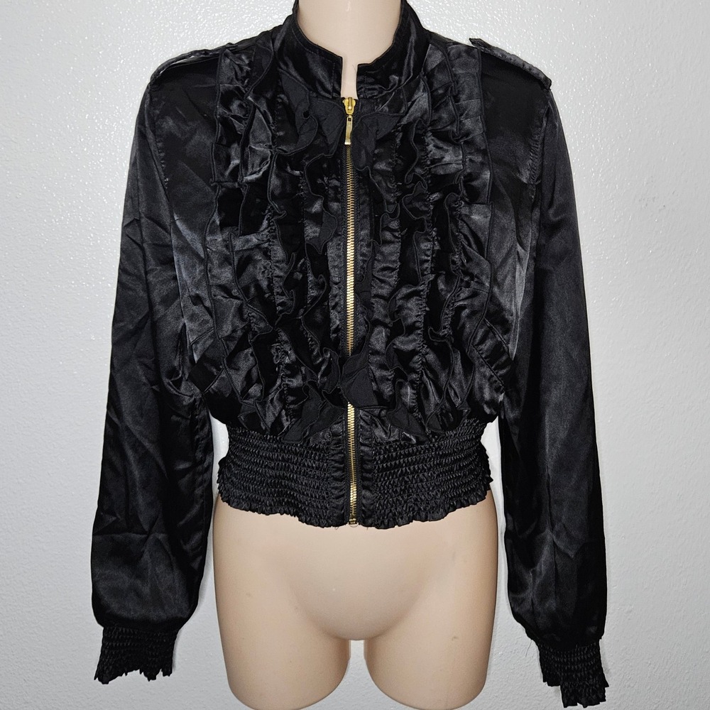 XXI Forever 21 Black Satin Ruffle‎ Bomber Jacket Smocked Waist